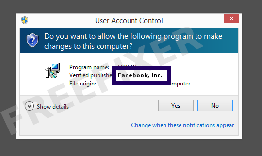 Screenshot where Facebook, Inc. appears as the verified publisher in the UAC dialog